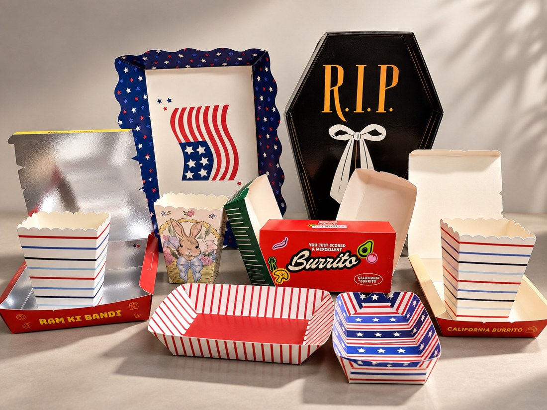 Paper trays and clamshell packaging